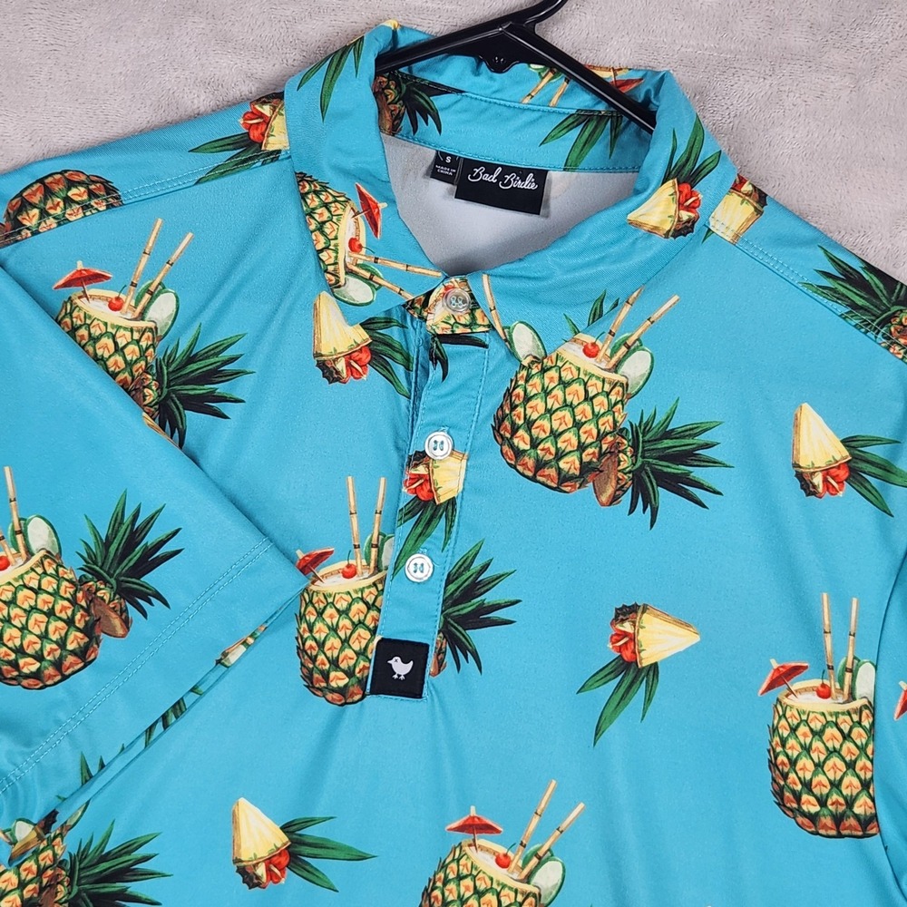 Bad Birdie Polo Shirt Mens Small‎ Blue Pineapple Print Golf Performance Stretch